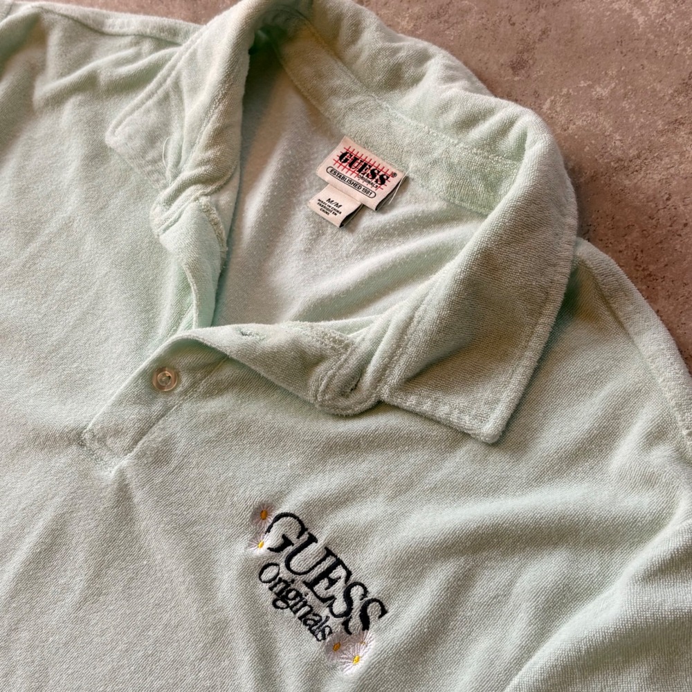 GUESS Originals Terry Cloth Polo Men M Mint Green Retro Resort Embroidered Logo